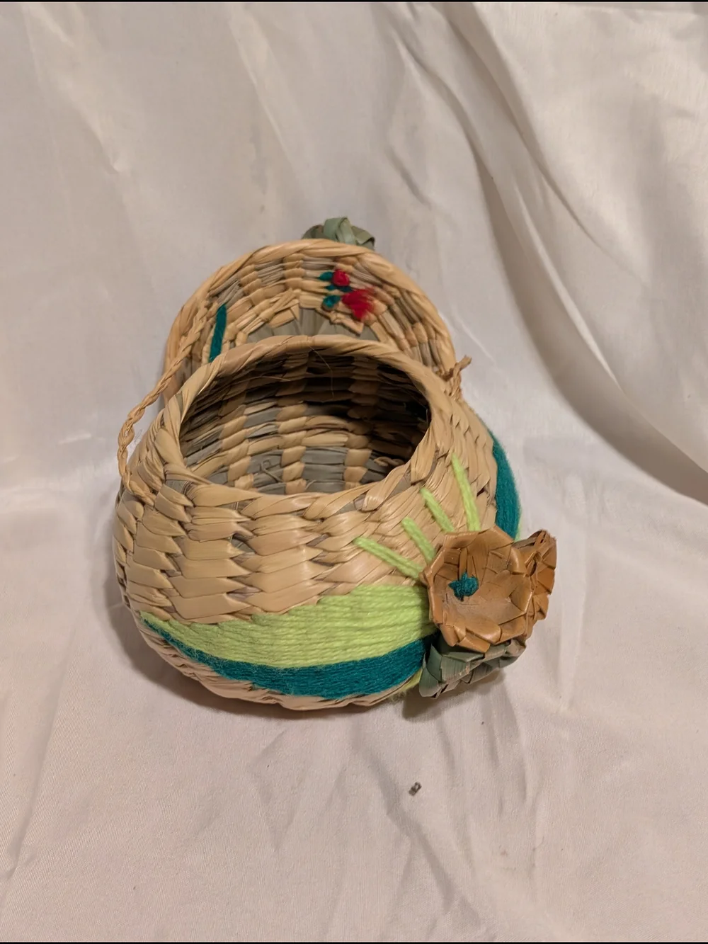 Woven Seagrass Basket with Colorful Yarn Accents